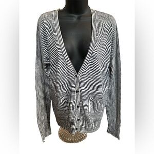 LOFT Charcoal Black & White Striped 100% Pima Cotton Cardigan. Size Large.